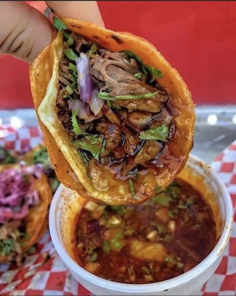 Hand holding a birria taco over a cup of consomé